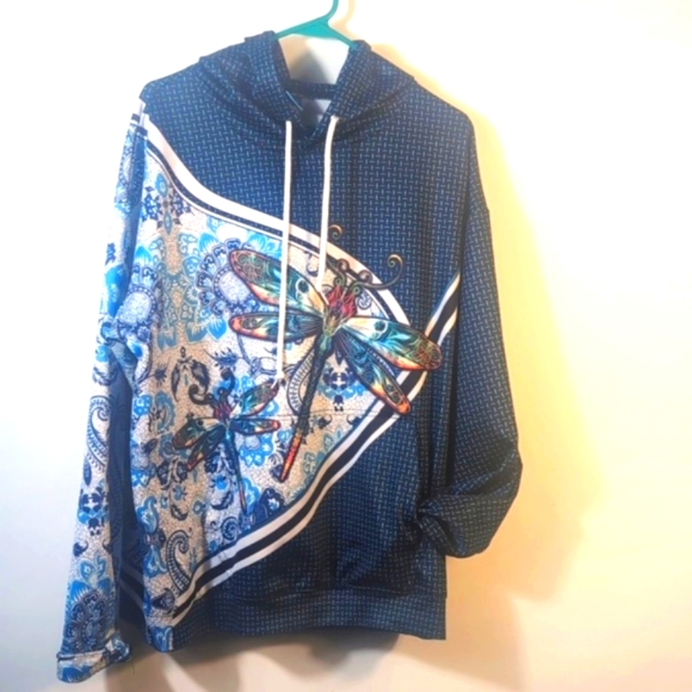 Oversized Fleece Hoodie - Boho  Colorful Dragonfly Pattern Sweatshirt Size XL